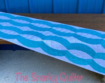 Patchwork Curved Table Runner in aqua blues handmade