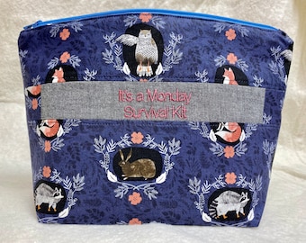 It’s A Monday Survival Kit makeup Toiletry clutch cosmetic pouch lined.  Funny gag gift raccoon owl fox