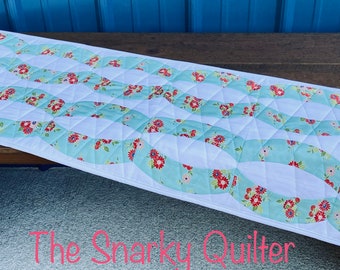 Patchwork Curved Table Runner in aqua blue Bonnie and Camille handmade