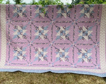 Queen Quilt Lavender Tilda Maple farm handmade oversized twin purple floral bedspread 91x91”