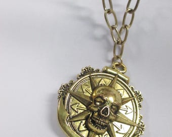 Vintage Brass Skull Starburst Pendant Necklace - Goth Skeleton Jewelry