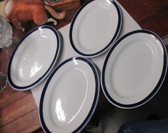 Four Ridgways England Hotelware 10" Oval Dishes plates Lunch Platter Cobalt Blue Line restaurantware diner dinnerware collectible