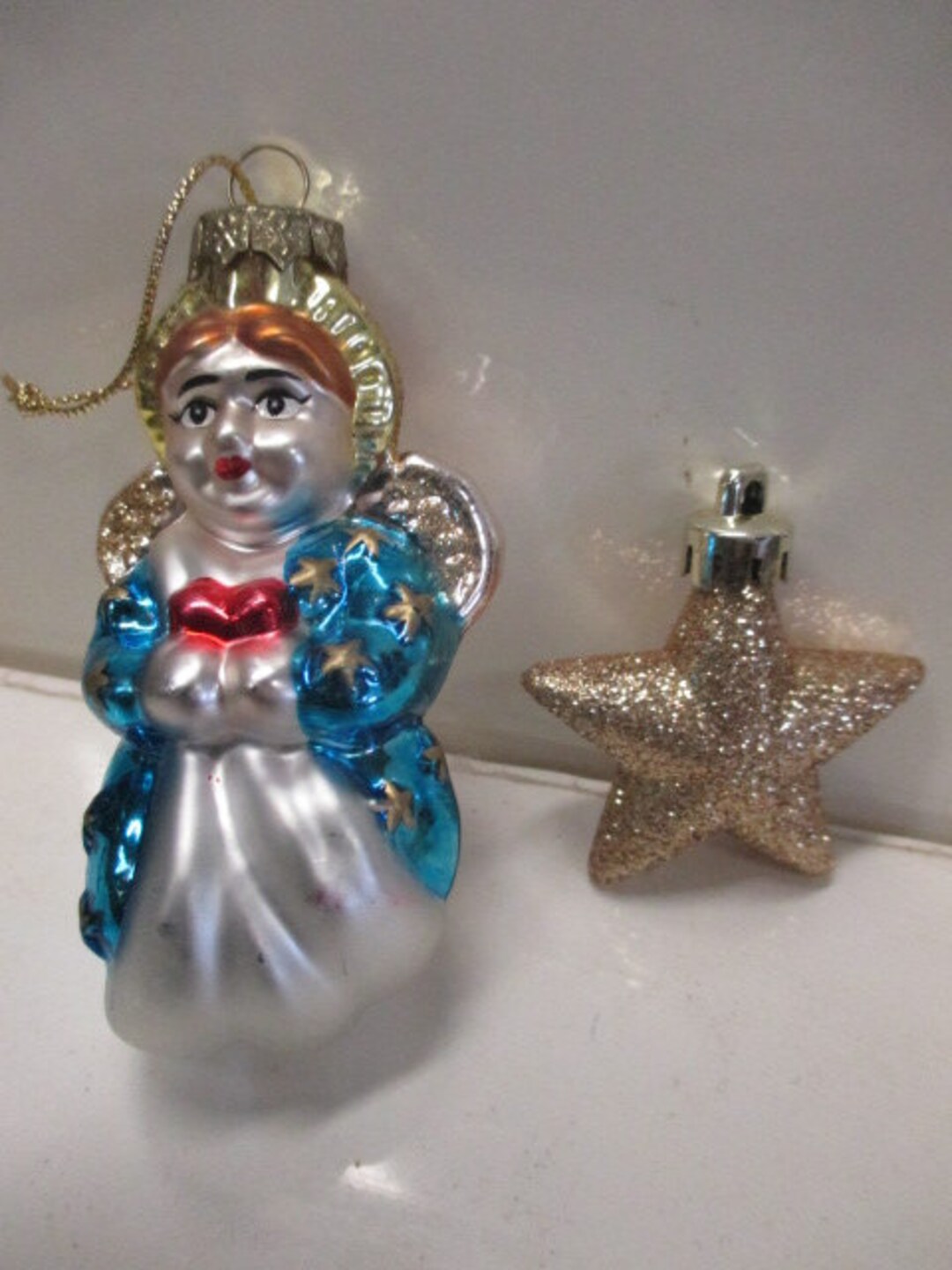 Vintage ANGEL Blown Glass ANGEL Christmas Ornament & a Gold Gilt STAR ...
