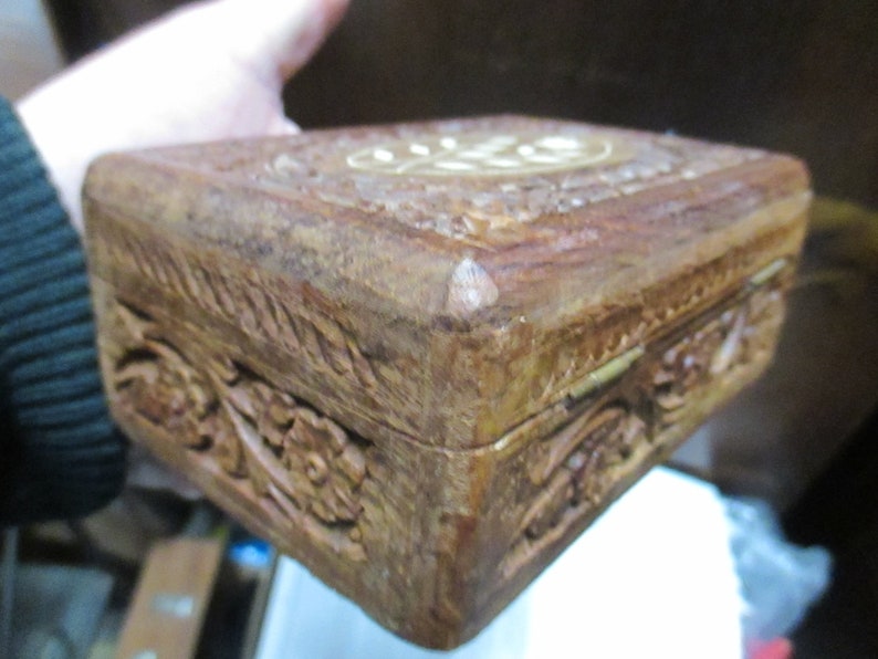 Vintage Carved Wood Trinket Jewelry Box mid century India chip carved collectible lined trinket storage