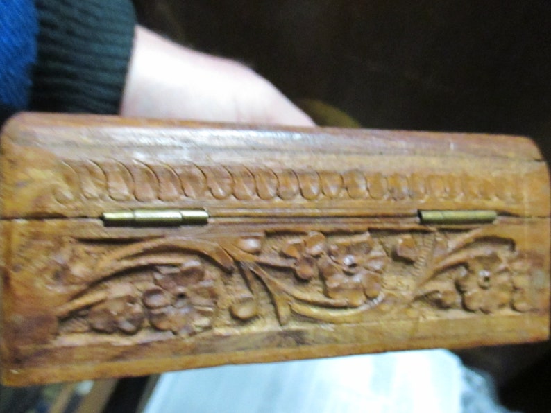 Vintage Carved Wood Trinket Jewelry Box mid century India chip carved collectible lined trinket storage