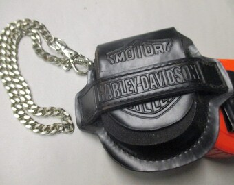 Embossed Harley Davidson Leather Belt Slide or Watch Slide AND Metal CHAIN pouch lighter or motorcycle accessory