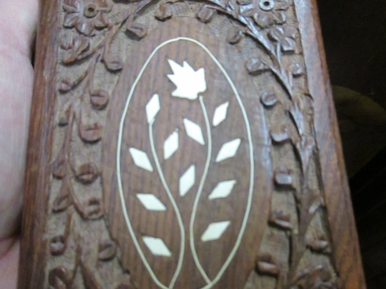 Vintage Carved Wood Trinket Jewelry Box mid century India chip carved collectible lined trinket storage