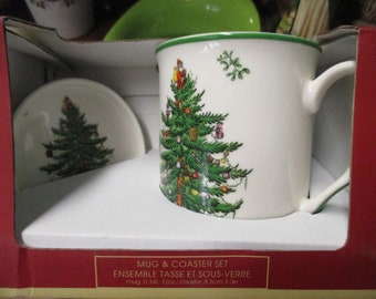 Spode Christmas Tree Coffee MUG With COASTER & Box holiday cocoa tea warm milk holiday drinkware orig box unused