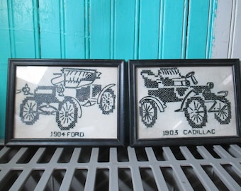 Vintage Automotive Framed Needlepoint 1904 Ford Car & 1903 Cadillac Cross Stitch Needlepoint mid century folk art decor collectible jalopy