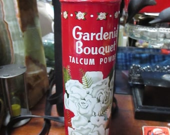 Vintage Gardenia Bouquet Talcum Powder Tin Romney 5th Avenue New York vanity accessory mid century collectible fragrance