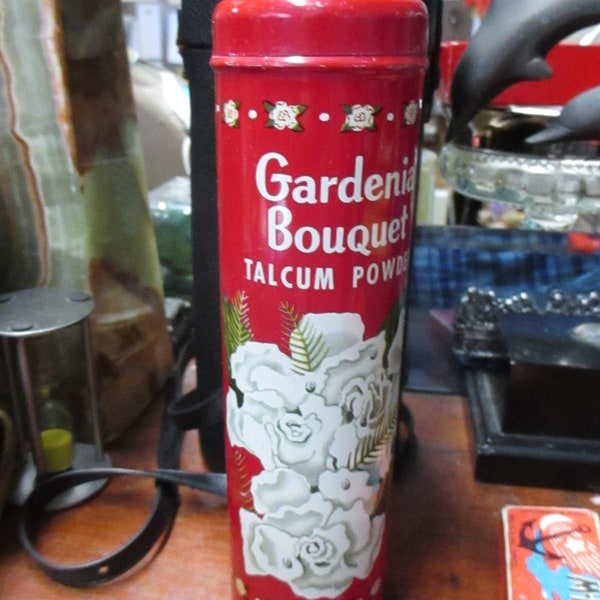 Vintage Gardenia Bouquet Talcum Powder Tin Romney 5th Avenue New York vanity accessory mid century collectible fragrance