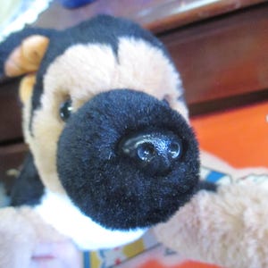 May include: Close-up of a plush toy dog with a black nose and black and tan fur. The toy has a white patch on its chest and is set against a blurred background. The word "TOY" is visible in the background.