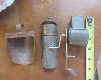 Vintage Kitchen Gadget Lot of 3 Table Mount Grater & Half Moon NUTMEG Grater and Tin SCOOP vintage country primitive decor