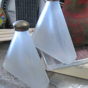 Two Pyramid Shaped Cologne Perfume / Bath BOTTLES Vintage Frosted Glass POM CANNELLE collectible Paris collectible vanity deco shabby chic
