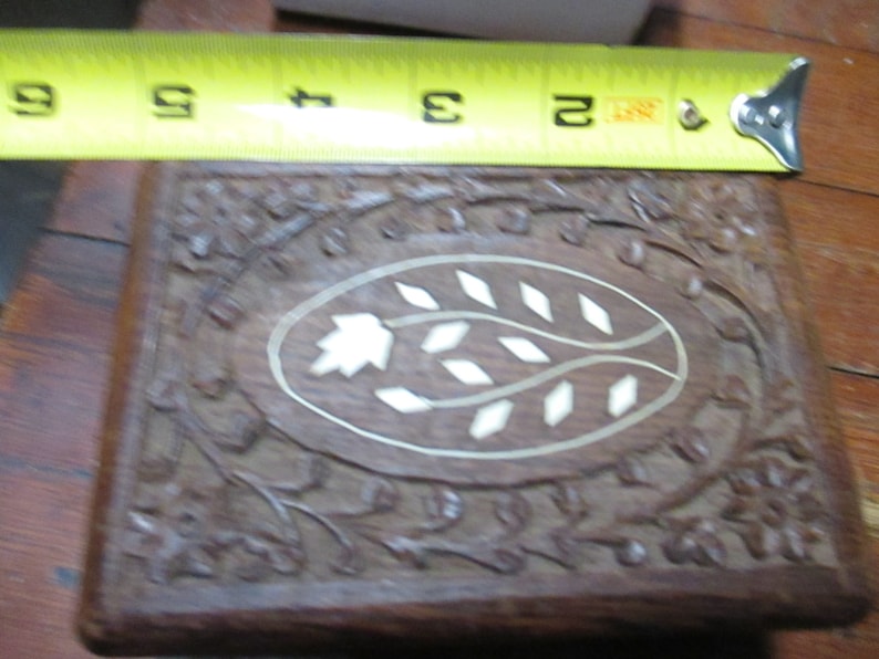 Vintage Carved Wood Trinket Jewelry Box mid century India chip carved collectible lined trinket storage