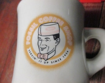 Vintage FOSSIL COFFEE SHOP Restaurant Ware Coffee Mug adv servin it up since 1954 dinerware collectible diner