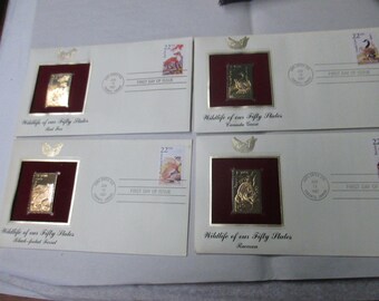 Four vintage 1987 USPS First Day of Issue Wildlife of Our 50 States Collectable Gold Stamps