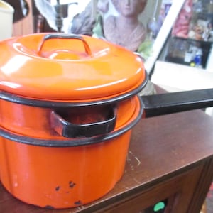 Vintage Enamel Orange & Black Metal Double Boiler Nesting Pot w/ Lid pot pan