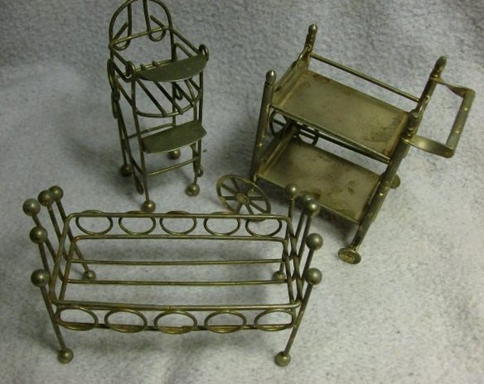 3 Vintage Metal DOLL HOUSE FURNITURE a Crib High Chair Etsy