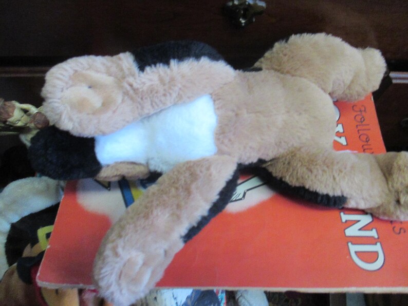 May include: A plush dog toy in tan, black, and white, lying on a red book. The toy has floppy ears and a soft, furry texture. The book has the word "Follow" and "ND" visible.