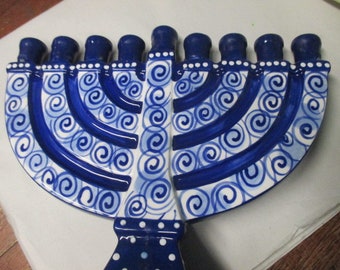 MENORAH by Laurie Veasey Ceramic Menorah Religious Candle Holder blue and white temple home art pottery