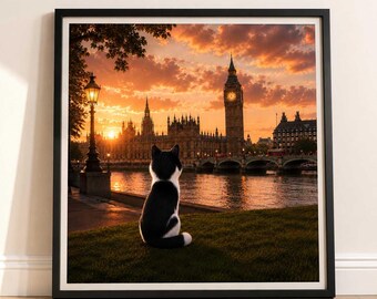 Cat in London - Travel Cat in London - London Sunset Art Poster — Cat Fine Art Print - London Travel Poster - Cat Gift