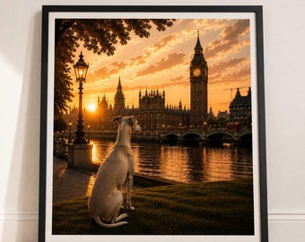 Whippet In London - Whippet Print - London Travel print - Sunset in London Fine Art Poster - Whippet by Big Ben