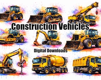 Construction Vehicles x 10 Digital Downloads, Watercolour Construction Vehicles, Sublimation Designs, Digger Design, Printable Graphic