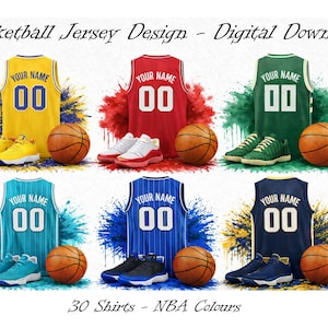 Könnte beinhalten: Ein digitaler Download mit sechs Basketball-Trikot-Designs in verschiedenen Farben, jeweils mit personalisiertem Namen und der Nummer 00. Das Bild enthält Basketbälle und passende Turnschuhe. Der Text lautet "Basketball Jersey Design - Digital Download" und "30 Shirts - NBA Colours."