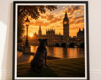 Staffordshire Terrier In London - Staffordshire Terrier Print - London Travel print - Sunset in London Fine Art Poster - Staffordshire