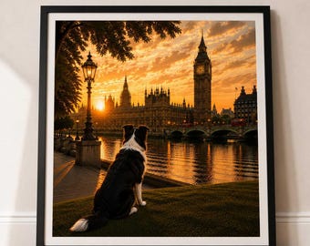 Border Collie Dog In London - Border Collie Dog Print - London Travel print - Sunset in London Fine Art Poster - Border Collie Dog by Big