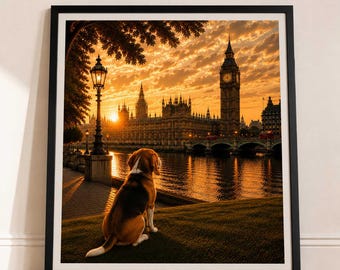 Beagle Dog In London - Beagle Dog Print - London Travel print - Sunset in London Fine Art Poster - Beagle Dog by Big Ben