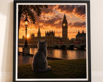Cat in London - Travel Cat in London - London Sunset Art Poster — Cat Fine Art Print - London Travel Poster - Cat Gift