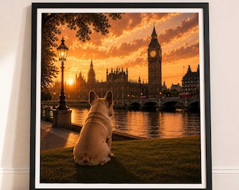 French Bulldog In London - French Bulldog Print - London Travel print - Sunset in London Fine Art Poster - French Bulldog Dog by Big Ben