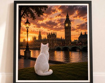 Cat in London - Travel Cat in London - London Sunset Art Poster — Cat Fine Art Print - London Travel Poster - Cat Gift