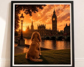Cocker Spaniel In London - Cocker Spaniel Print - London Travel print - Sunset in London Fine Art Poster - Cocker Spaniel Dog by Big Ben