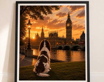 English Springer Spaniel In London -English Springer Spaniel Print - London Travel print - Sunset in London Fine Art Poster - English