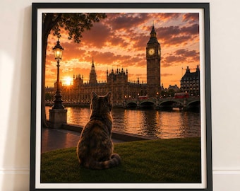 Cat in London - Travel Cat in London - London Sunset Art Poster — Cat Fine Art Print - London Travel Poster - Cat Gift