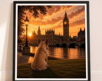 French Bulldog In London - French Bulldog Print - London Travel print - Sunset in London Fine Art Poster - French Bulldog by Big Ben