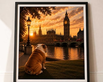 Bulldog In London - Bulldog Print - London Travel print - Sunset in London Fine Art Poster - Bulldog by Big Ben