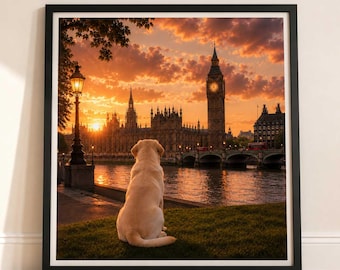 Labrador In London - Labrodor Print - London Travel print - Sunset in London Fine Art Poster - Labrador Dog by Big Ben