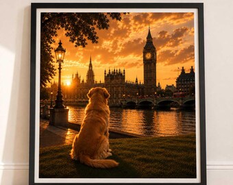 Golden Retriever In London - Golden Retriever Print - London Travel print - Sunset in London Fine Art Poster - Golden Retriever Dog by Big