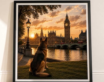 German Shepherd In London - German Shepherd Print - London Travel print - Sunset in London Fine Art Poster - German Shepherd by Big Ben