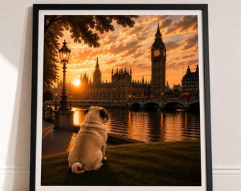 Pug In London - Pug Print - London Travel print - Sunset in London Fine Art Poster - Pug Dog by Big Ben