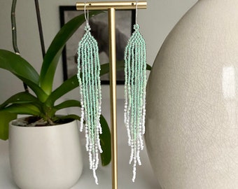 Mint Green/Aqua and White Long Ombre Beaded Fringe Statement Earrings