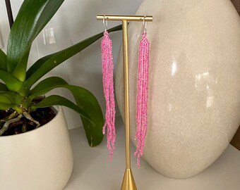 Neon Bright Pink Beaded Extra Long Fringe Statement Earrings