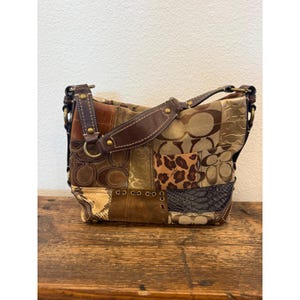 Borsa a tracolla vintage Coach Carly Brown Patchwork Jacquard Hobo Leopard 11496 Y2K