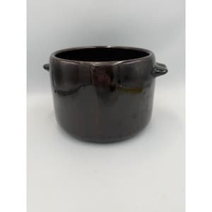 May include: A dark brown ceramic pot with two small handles. The pot has a cylindrical shape with a slightly wider opening. The surface has a glossy finish, reflecting the light. This container is suitable for plants or storage.