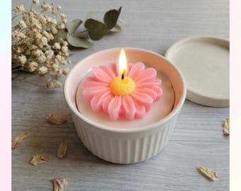 Handmade Floral Candle in Ceramic Bowl, Pink Flower Wax, Clean Burn Home Decor