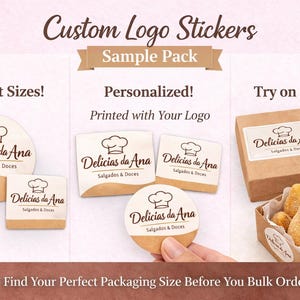 May include: Custom logo stickers featuring the text "Delicias da Ana" and a chef hat logo. The image displays different sticker shapes and sizes, including round and square, with the text "Test Sizes!" and "Try on Boxes!" visible.
